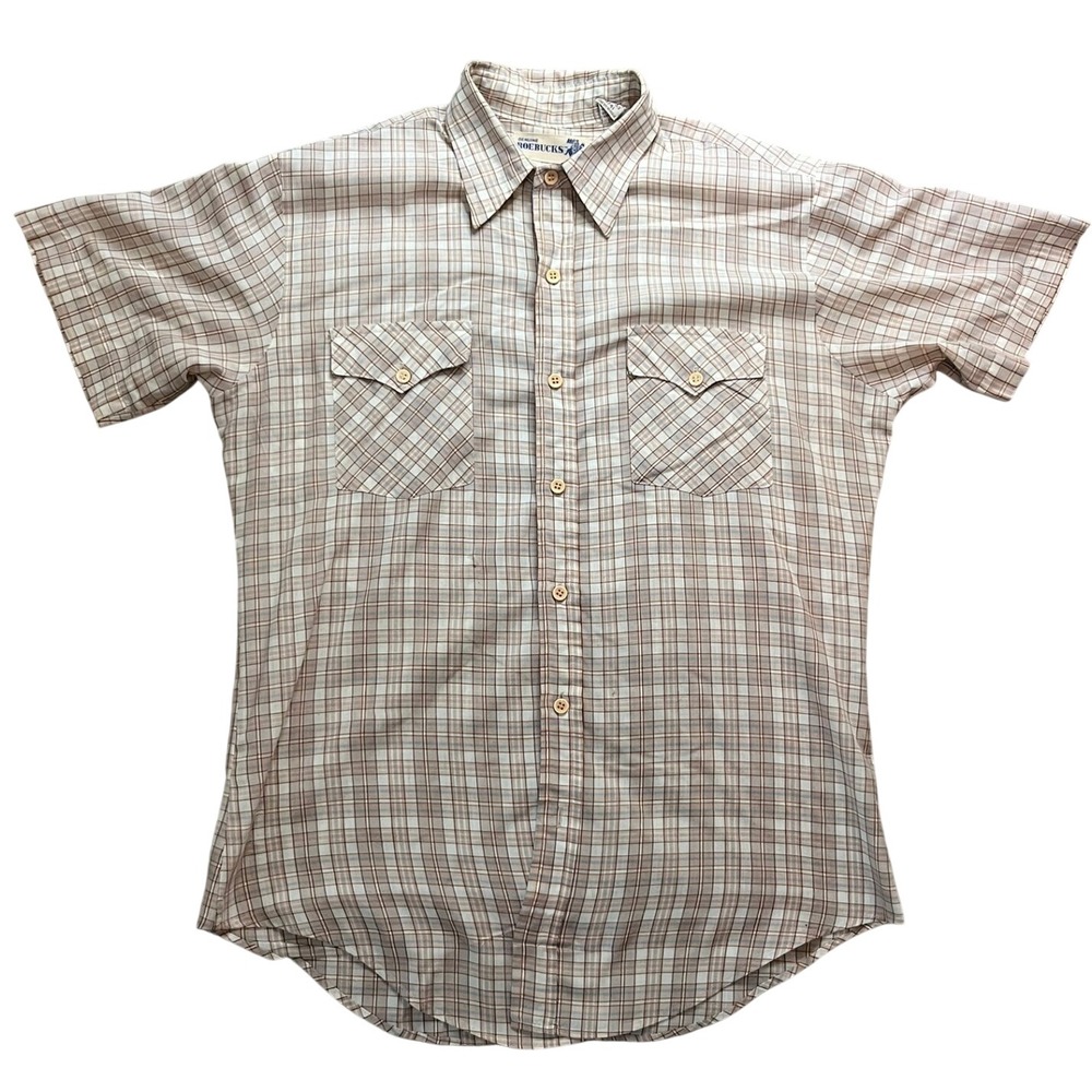 Vintage Sears Roebucks Mens Medium Plaid Short Sleeve Button Down Shirt Tan Blue